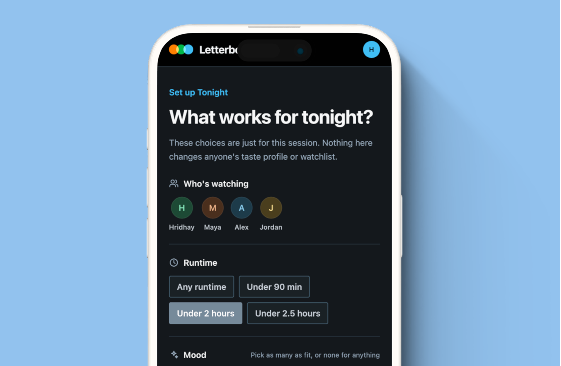 Letterboxd Tonight interface shown across three phones