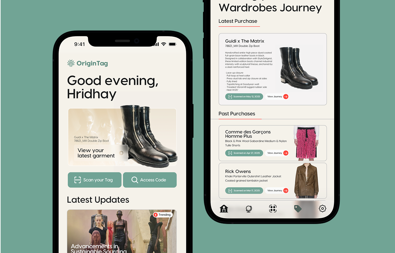 OriginTag mobile interface showing a garment journey and purchase history